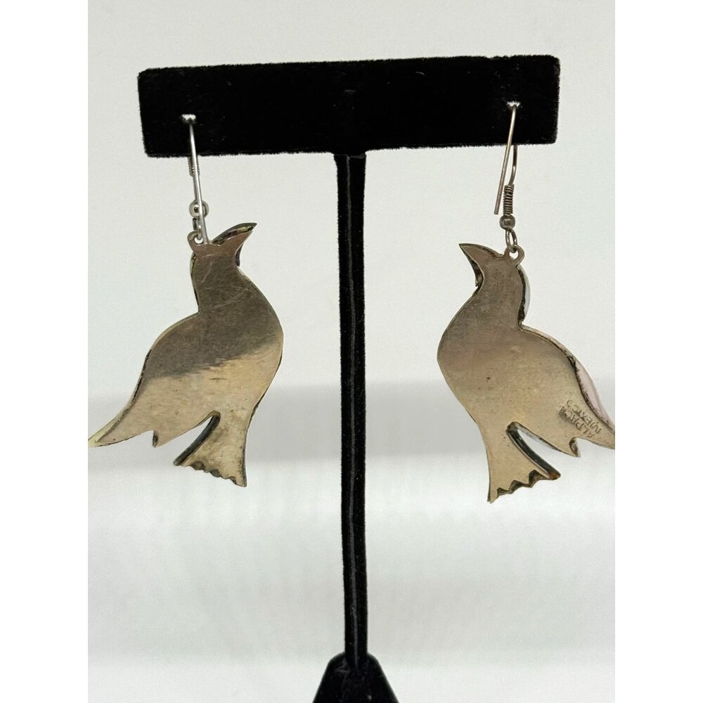 Vintage Alpaca Mexico Abalone & Mother of Pearl Bird French Hook Dangle Earrings - Picture 4 of 5